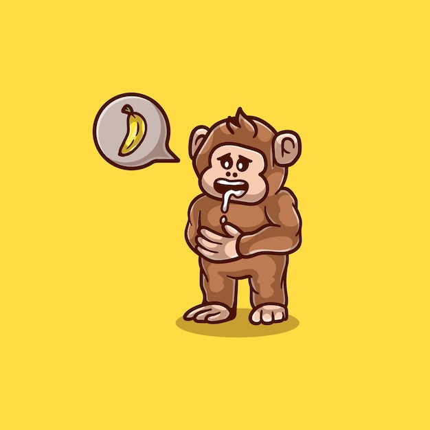 Ilustração de um macaco fofo com fome de comer banana