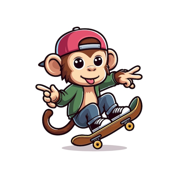Ilustração de um macaco jogando skate com um simples estilo de desenho animado e conceito de mascote