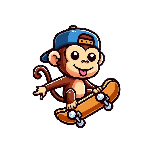 Ilustração de um macaco jogando skate com um simples estilo de desenho animado e conceito de mascote