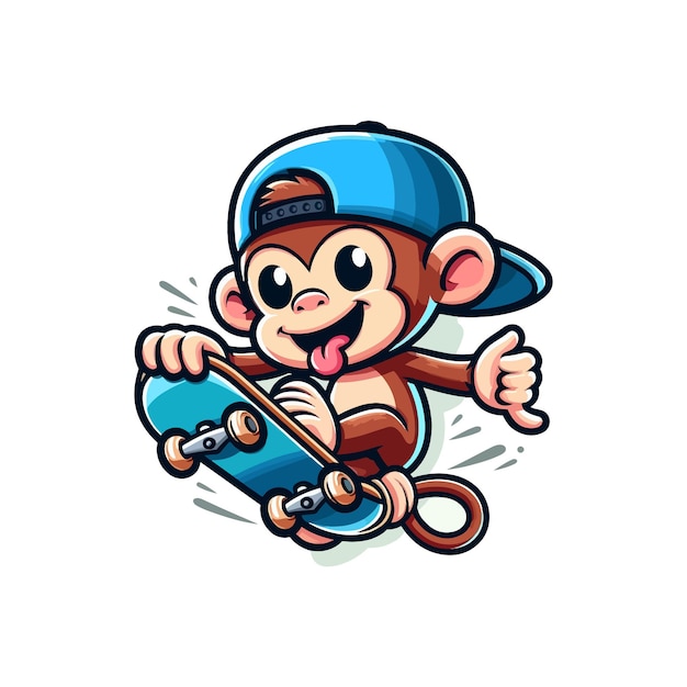 Ilustração de um macaco jogando skate com um simples estilo de desenho animado e conceito de mascote