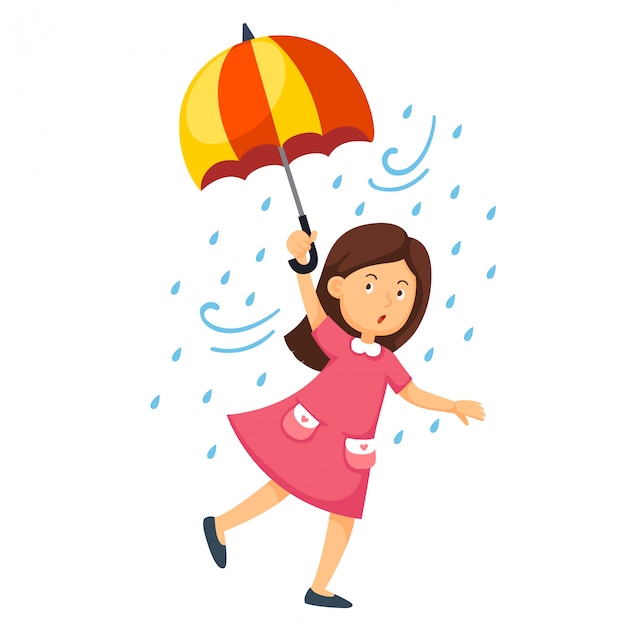 Ilustração, de, um, menina, segurando, um, guarda-chuva