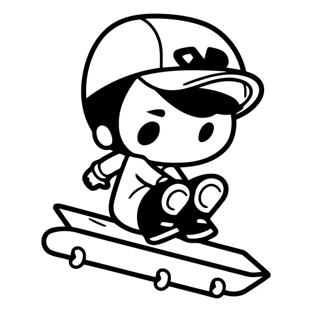 Vetor ilustração de um menino bonito patinando em uma prancha de neve