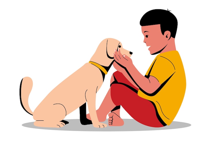 Vetor ilustração de um menino brincando com seu cão