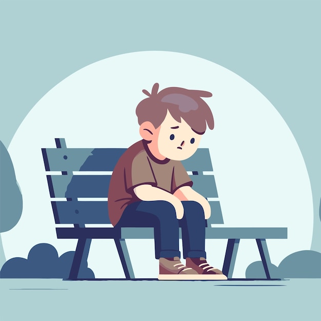 Vetor ilustração de um menino com depressão sentado sozinho em um banco do parque