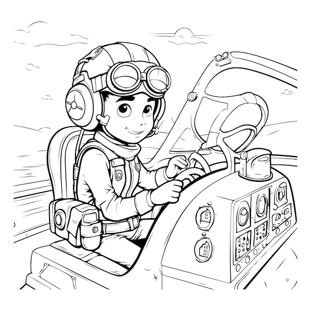 Vetor ilustração de um menino com um capacete de piloto sentado em um avião