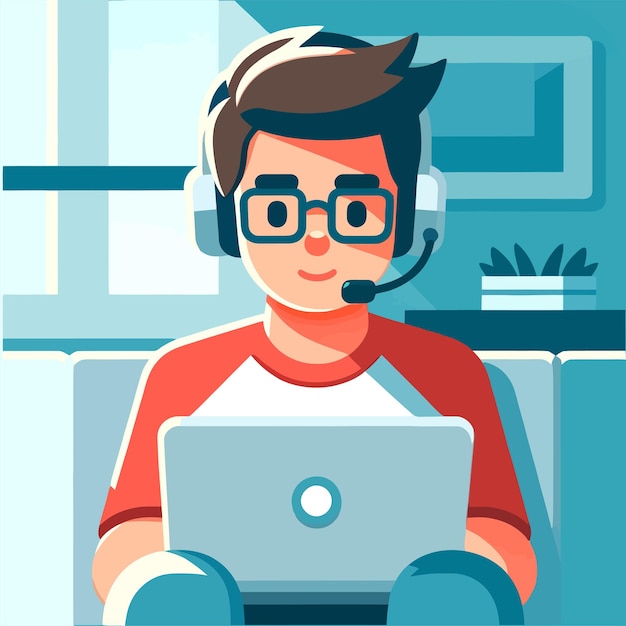 ilustração de um menino com um laptop e fones de ouvido