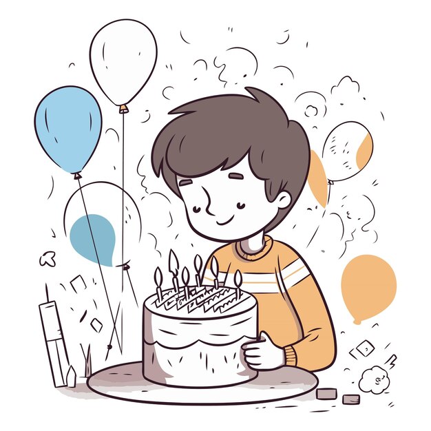 Ilustração de um menino comemorando seu aniversário com um bolo e balões