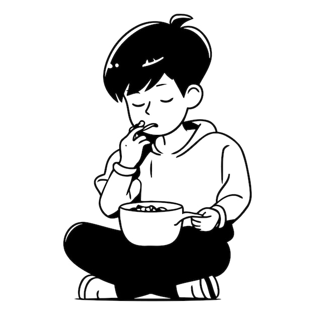 Vetor ilustração de um menino comendo cereais com uma tigela de leite