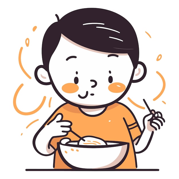 Vetor ilustração de um menino comendo uma tigela de macarrão com pauzinhos