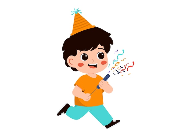 Ilustração de um menino de aniversário jogando Poppers na festa
