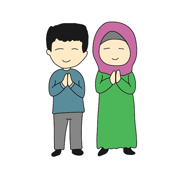 Vetor ilustração de um menino e uma menina desejando um feliz eid alfitr