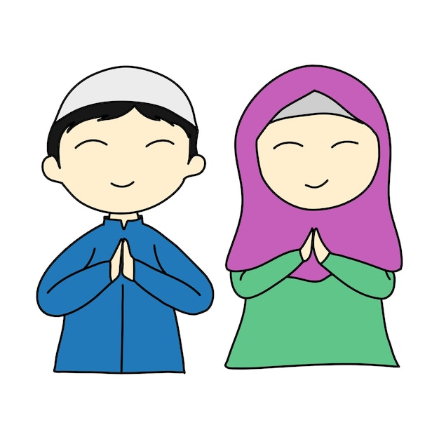 Vetor ilustração de um menino e uma menina desejando um feliz eid alfitr