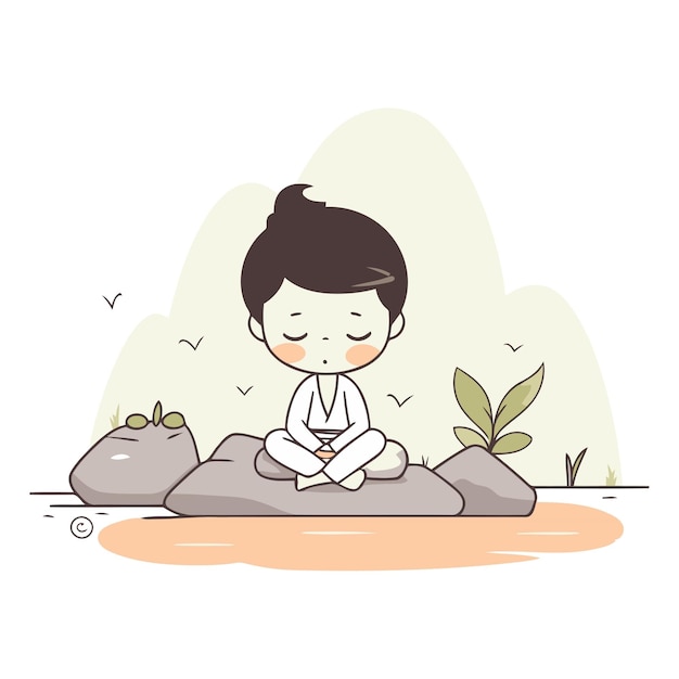 Vetor ilustração de um menino meditando sobre a rocha