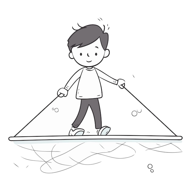 Ilustração de um menino montando uma prancha de surf em um fundo branco