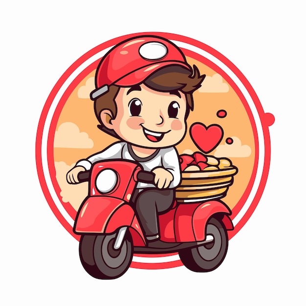 Vetor ilustração de um menino montando uma scooter e carregando uma cesta de morangos