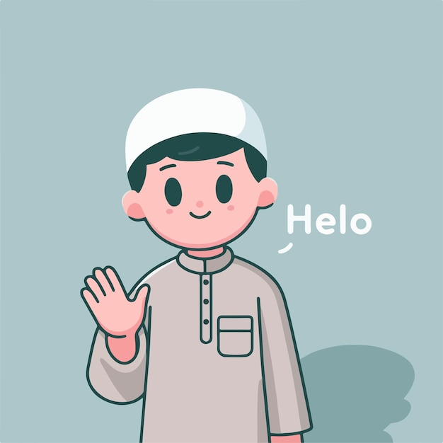 Ilustração de um menino muçulmano dizendo olá com um estilo de design plano simples e minimalista