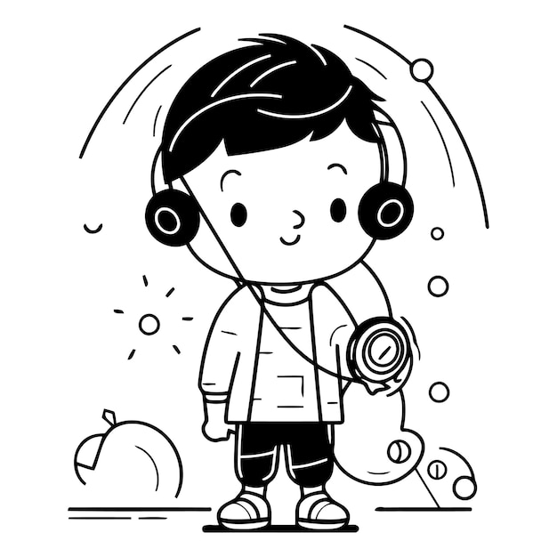 Vetor ilustração de um menino ouvindo música com fones de ouvido e um smartphone