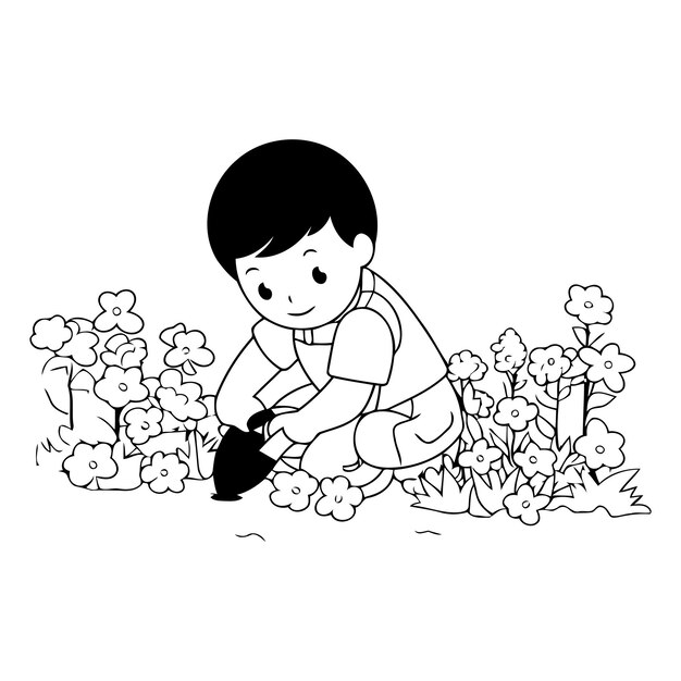 Ilustração de um menino plantando flores no jardim sobre um fundo branco