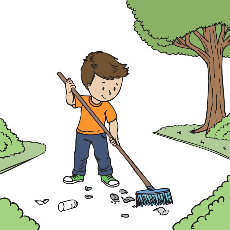 Vetor ilustração de um menino responsável limpando o parque conceito isolado de consciência ambiental