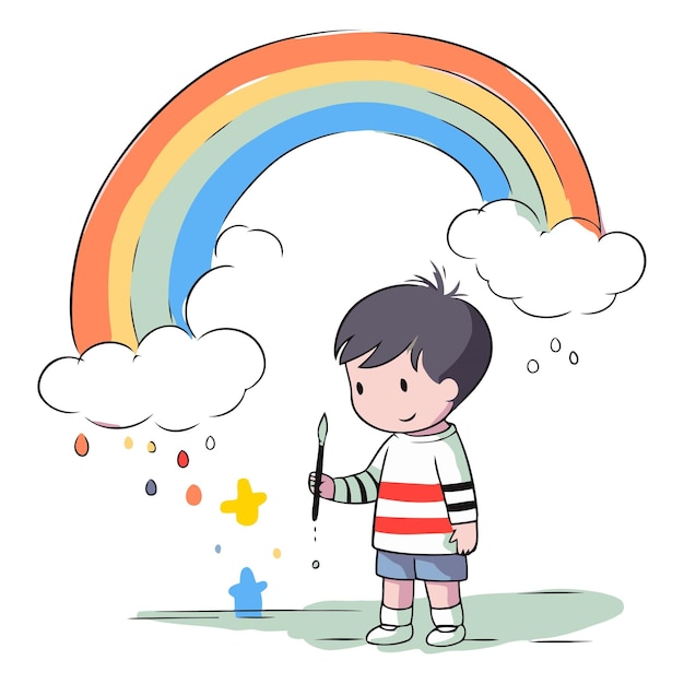 Vetor ilustração de um menino segurando um pincel e um arco-íris
