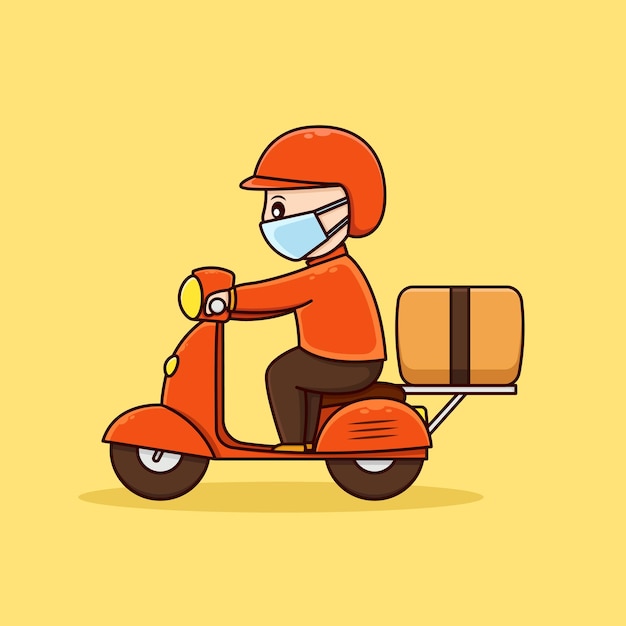 Ilustração de um mensageiro carregando um pacote em uma moto