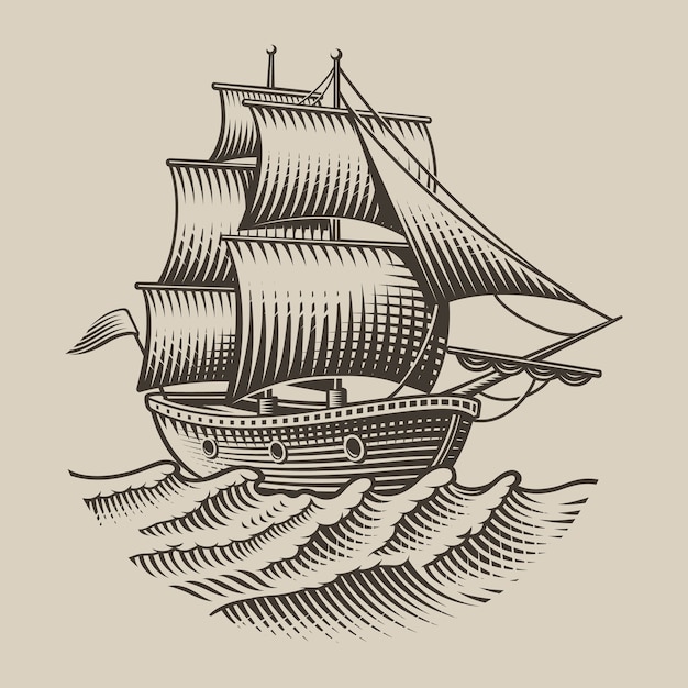 Vetor ilustração de um navio vintage em gravura de estilo no fundo branco. isolado.