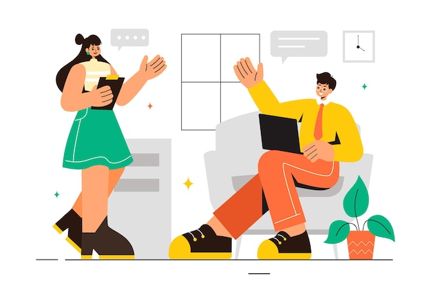 Ilustração de um negócio de coworking com colegas falando, reunindo e trabalhando em um escritório de desenho animado de estilo plano