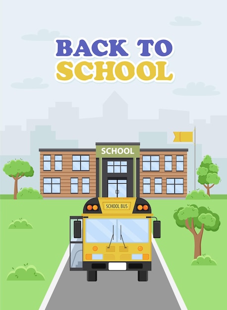 Ilustração de um ônibus amarelo se aproximando da escola. O início do ano letivo.