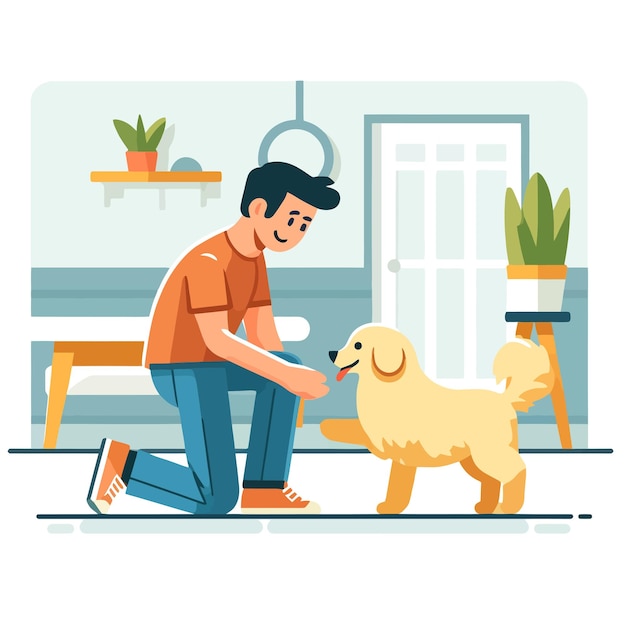 Ilustração de um pai brincando com seu cachorro de estimação