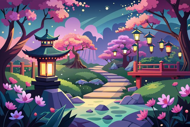 Vetor ilustração de um parque sereno com árvores de cerejeiras em flor com lanternas de pedra ao longo de um caminho sinuoso e uma ponte tradicional ao fundo