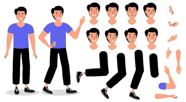 Ilustração de um personagem com várias expressões faciais e poses corporais em um estilo de design plano