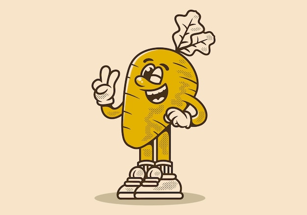 Ilustração de um personagem da mascote de uma cenoura com a mão formando um símbolo de paz