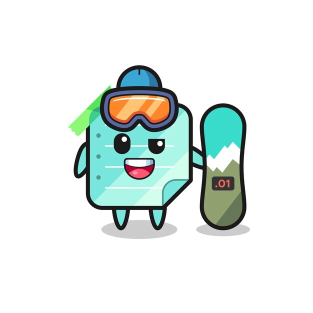 Ilustração de um personagem de notas adesivas azuis com estilo de snowboard