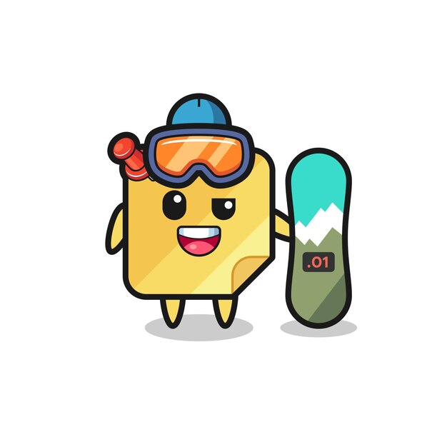 Ilustração de um personagem de notas adesivas com estilo de snowboard, design de estilo fofo para camiseta, adesivo, elemento de logotipo