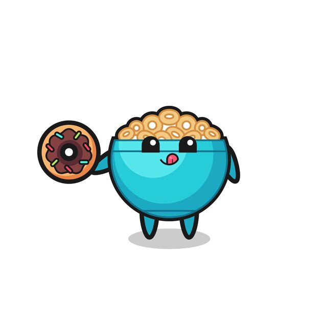 Ilustração de um personagem de tigela de cereal comendo um donut