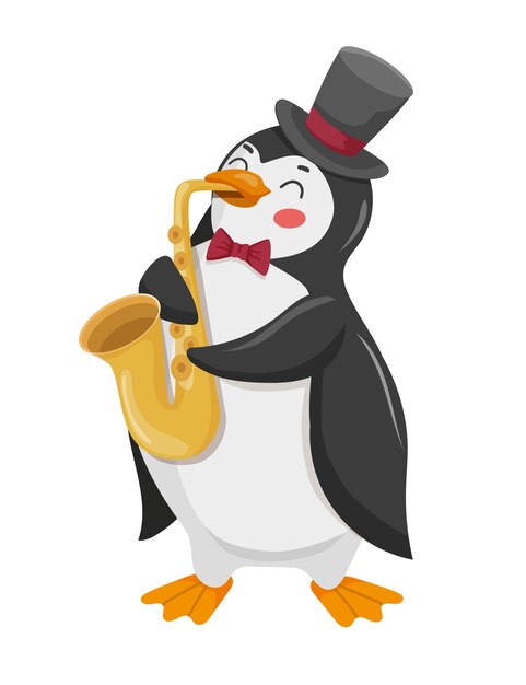 Vetor ilustração de um pinguim tocando saxofone arte infantil de um animal fofo para ilustrar roupas, brinquedos e outros produtos para crianças