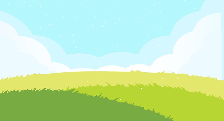 Vetor ilustração de um prado verde e um céu azul com nuvens brancas