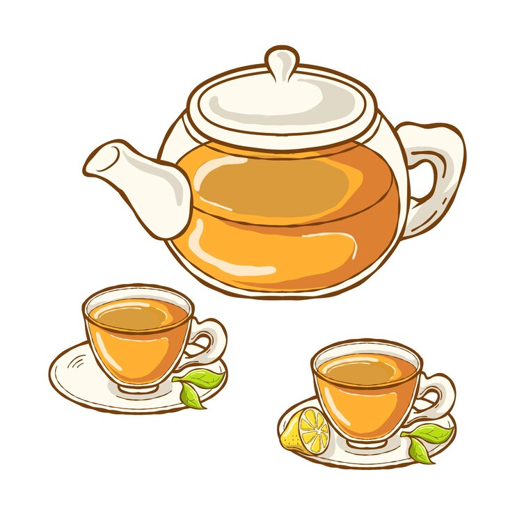 Vetor ilustração de um prato de chá, uma chaleira e xícaras de chá com limão
