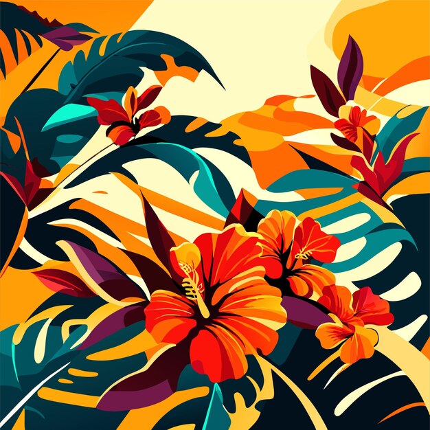 Vetor ilustração de um ramo de estilo realista de uma palmeira tropical com flores de hibisco