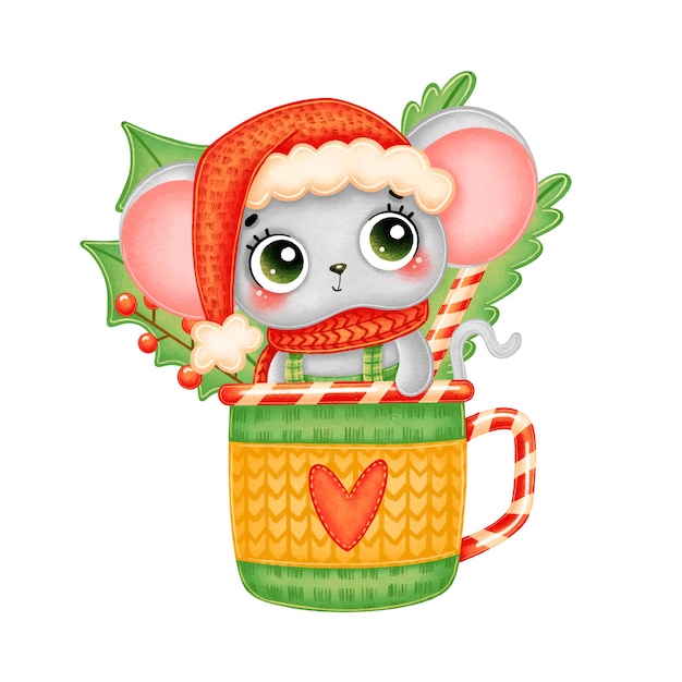 Ilustração de um rato fofo de Natal com chapéu vermelho e lenço em uma caneca de chá