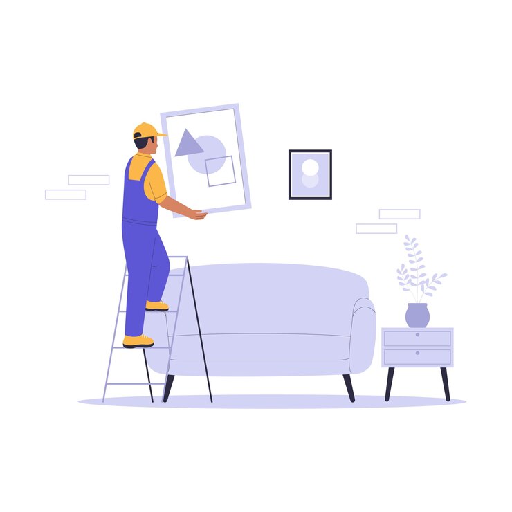Vetor ilustração de um reparador de casas pendurando uma moldura em uma escada