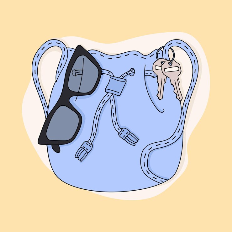Vetor ilustração de um saco azul com chaves e copos