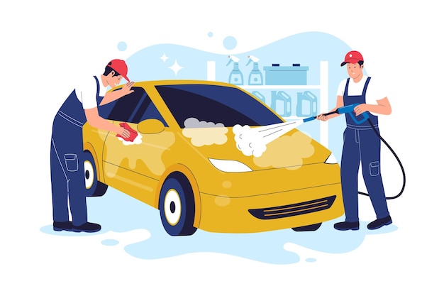 Ilustração de um serviço de lavagem de carros com trabalhadores limpando um carro amarelo