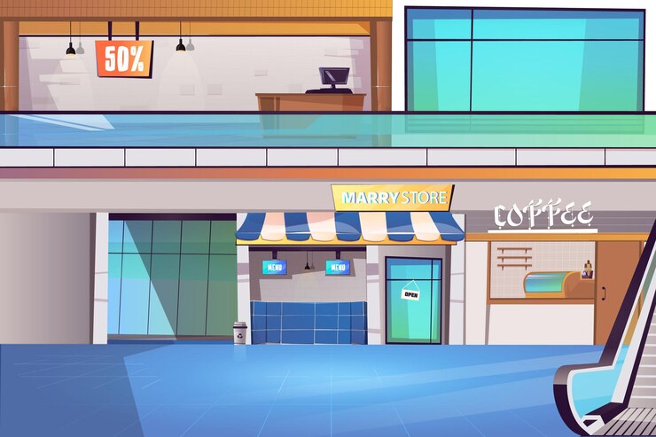 Vetor ilustração de um shopping com um chão brilhante sem pessoas