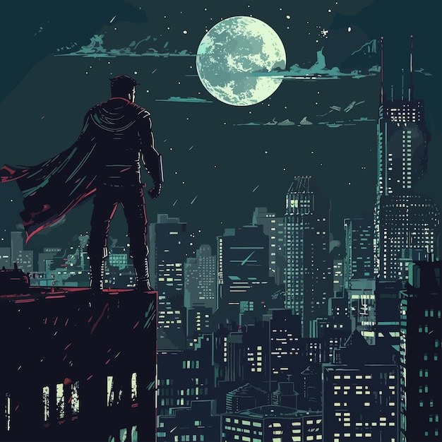 Ilustração de um super-herói no cenário da cidade