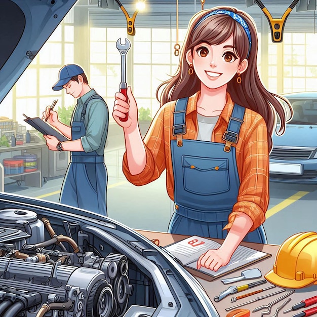 Vetor ilustração de um técnico reparando um motor de veículo