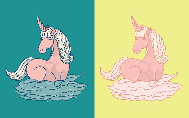 Ilustração de um unicórnio fofo em uma nuvem em dois fundos diferentes