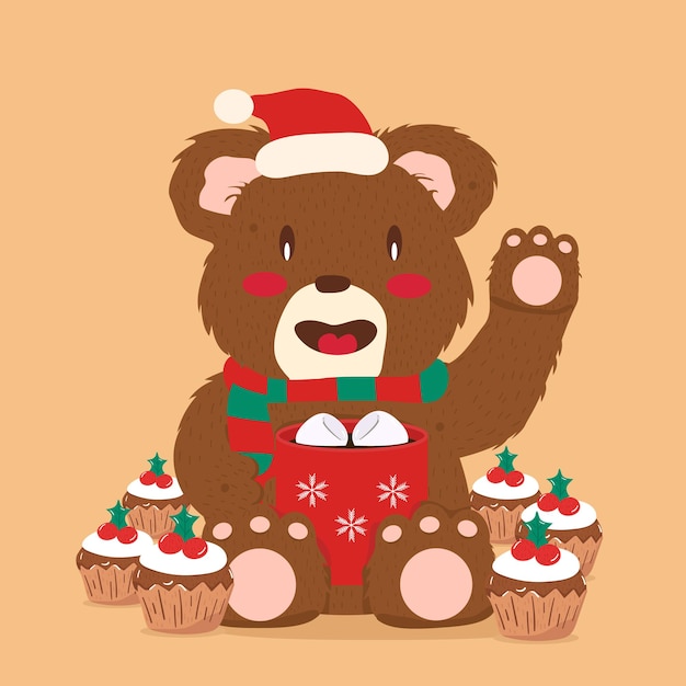 Vetor ilustração de um ursinho de pelúcia marrom celebrando o natal bebidas quentes e cupcakes