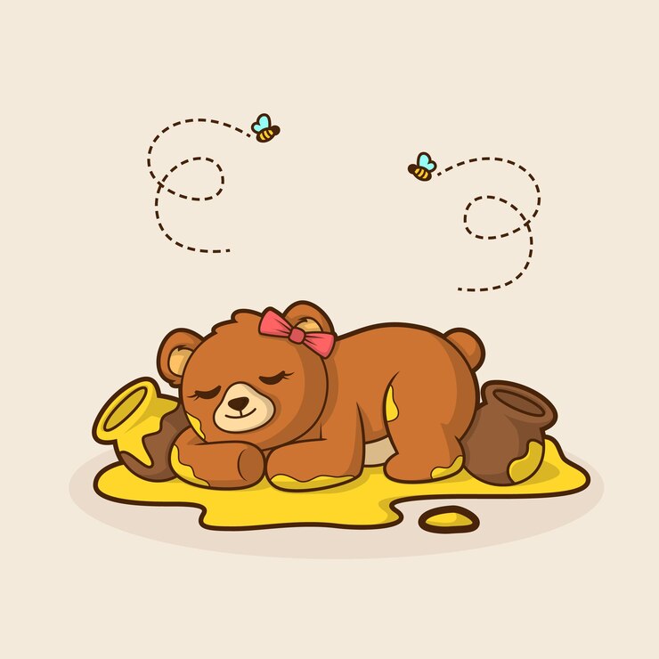 Vetor ilustração de um urso bonito dormindo com vários barris de mel