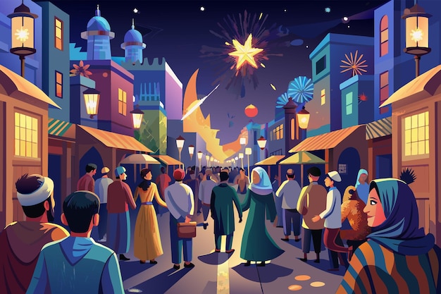 Ilustração de um vibrante festival de rua em uma cidade do oriente médio com pessoas de várias idades e roupas coloridas se reunindo sob lanternas e brincando com fogos de artifício explodindo no céu do anoitecer